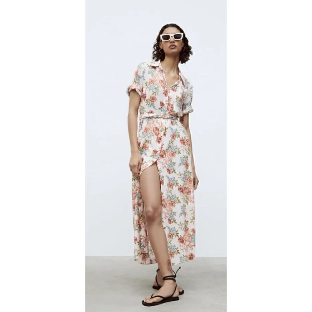 Rare-Zara Floral Flower Print Midi Dress Size M - no belt - Picture 3 of 5